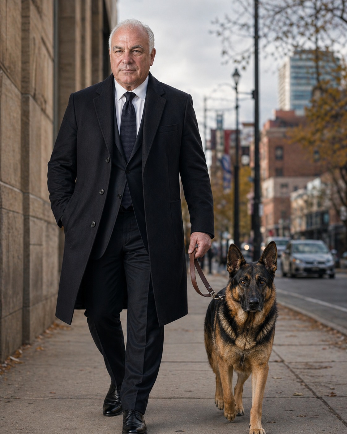 Tony Iavorone walking Cane the German Shepherd through the city