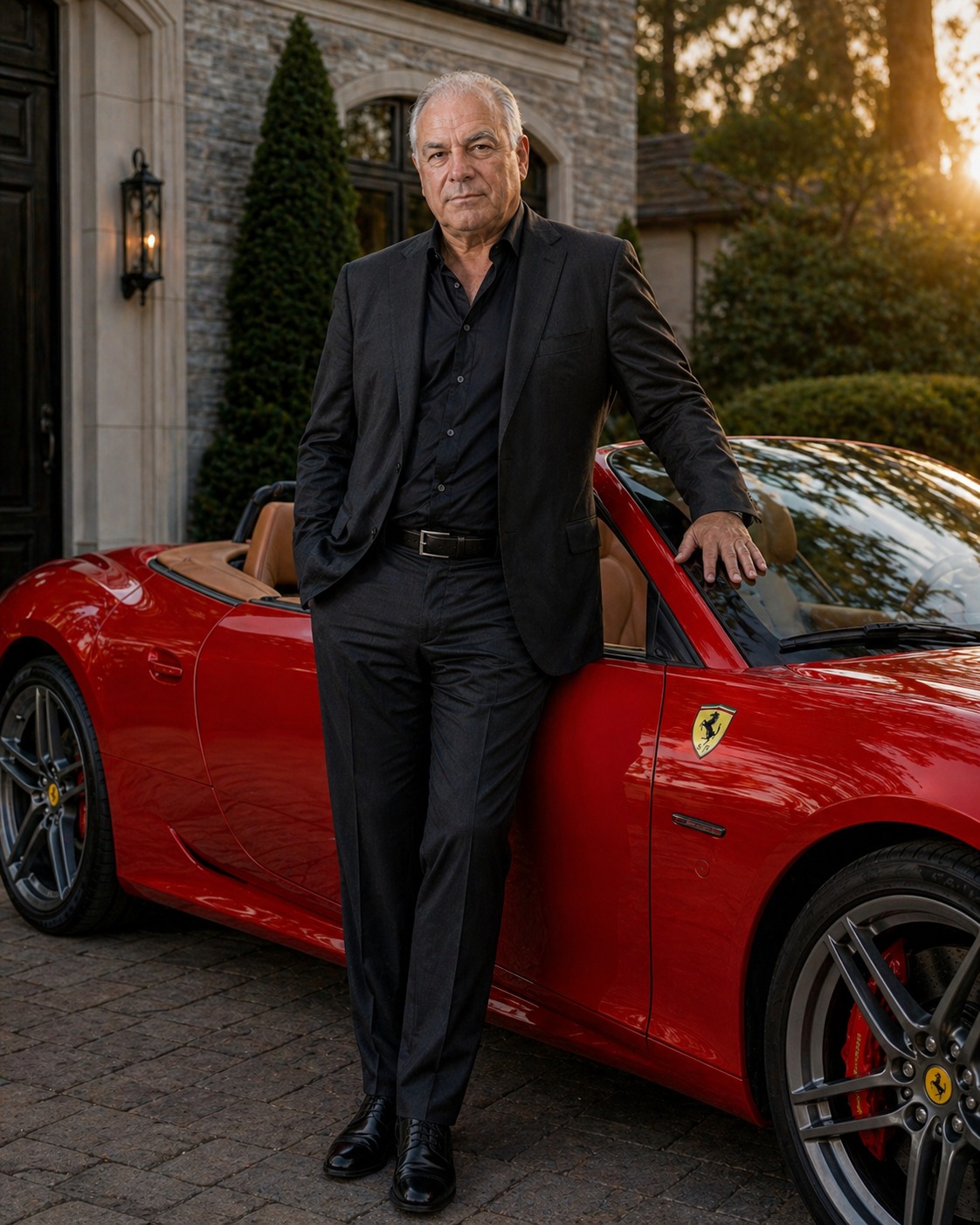 Tony Iavorone with a convertible Italian sports car at sunset