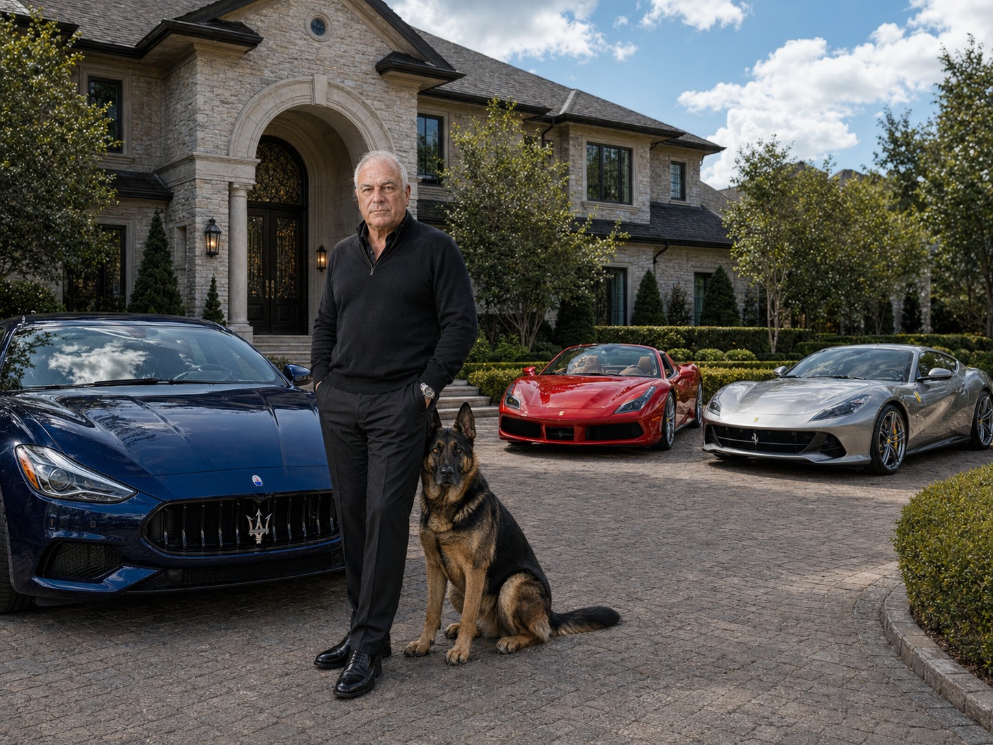 Tony Iavorone at his Hamilton Mountain estate with Italian luxury cars and Cane the German Shepherd