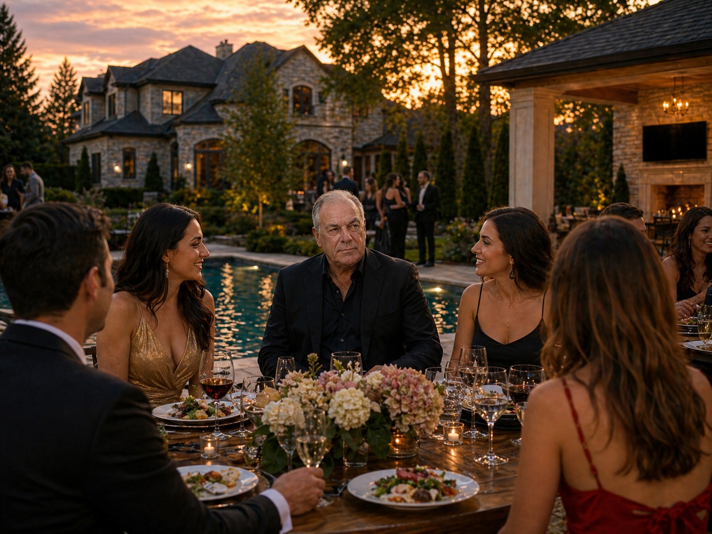 Elegant dinner party at Tony Iavorone's estate at sunset