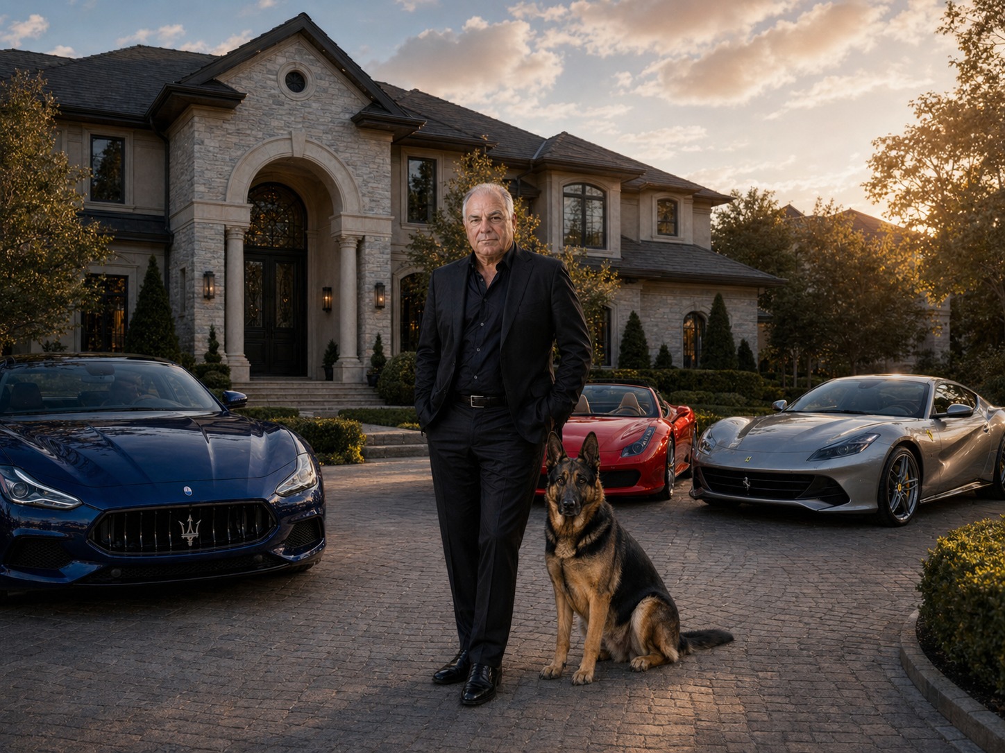 Tony Iavorone standing beside Italian luxury cars at sunset