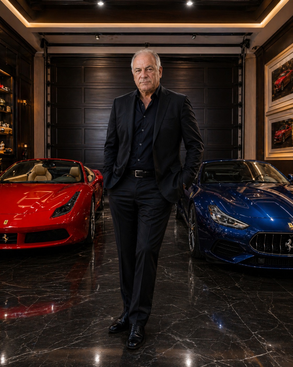 Tony Iavorone inside a refined garage with Italian luxury cars